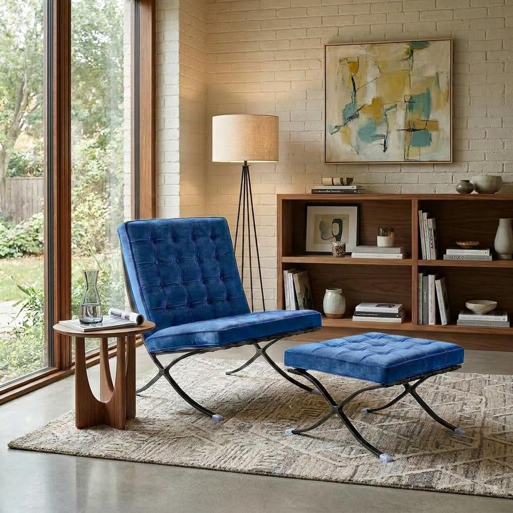 Paviljoen Fauteuil + Voetenbank | Blauw Velvet | Uitverkoop, Ophalen, Info@caveldesign.com, Minder dan 75 cm, 7775PB
