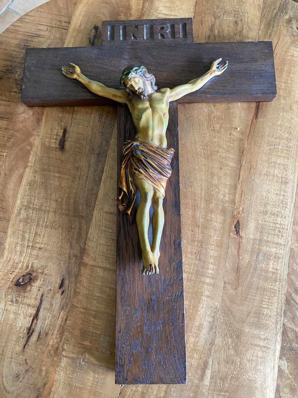 Antiek Christusbeeld op Houten Kruis - INRI, Antiek en Kunst, Ophalen