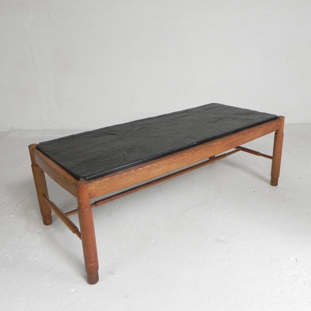 Vintage salontafel leisteen blad, eiken frame, jaren 60, Ophalen of Verzenden