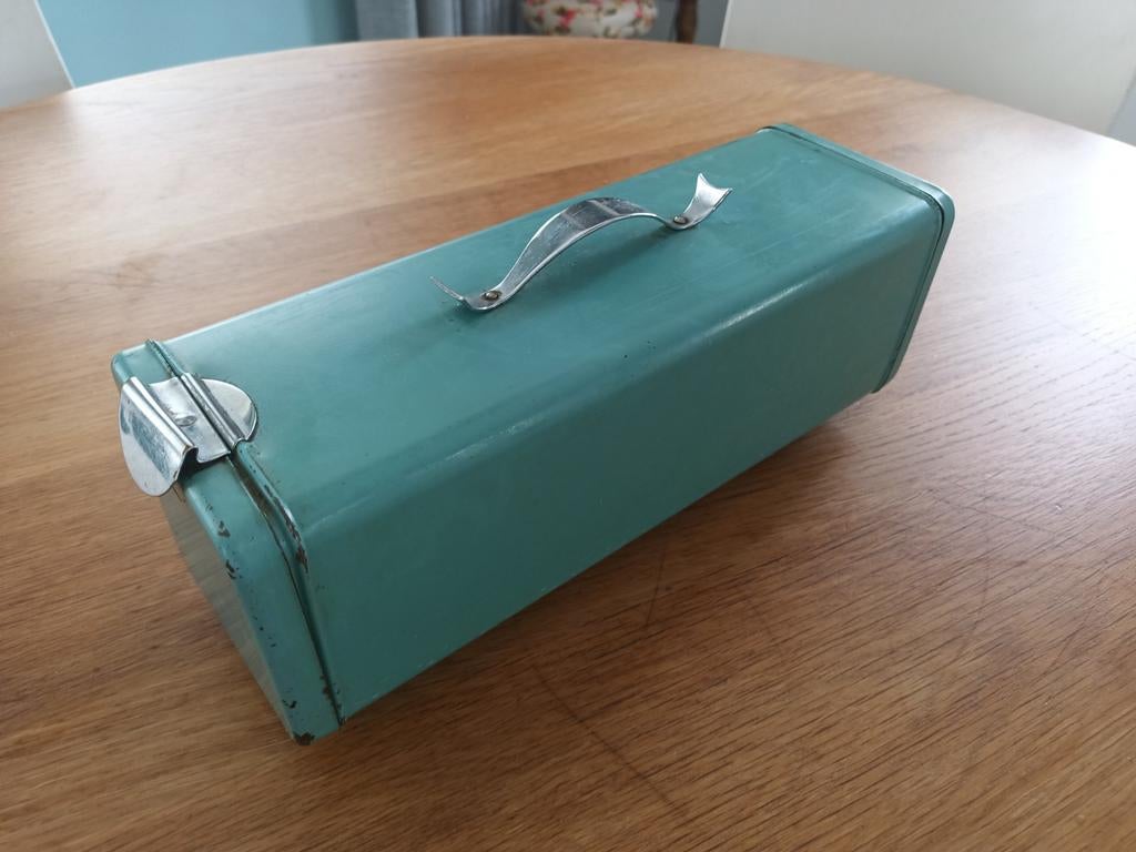 Vintage broodtrommel, turquoise, metaal, Ophalen