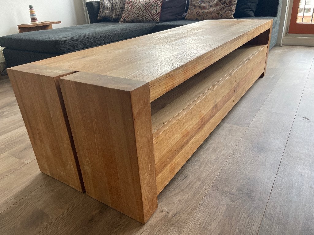 Massief houten televisie (of salon) tafel, Ophalen, 150 tot 200 cm, Teakhout, Minder dan 100 cm