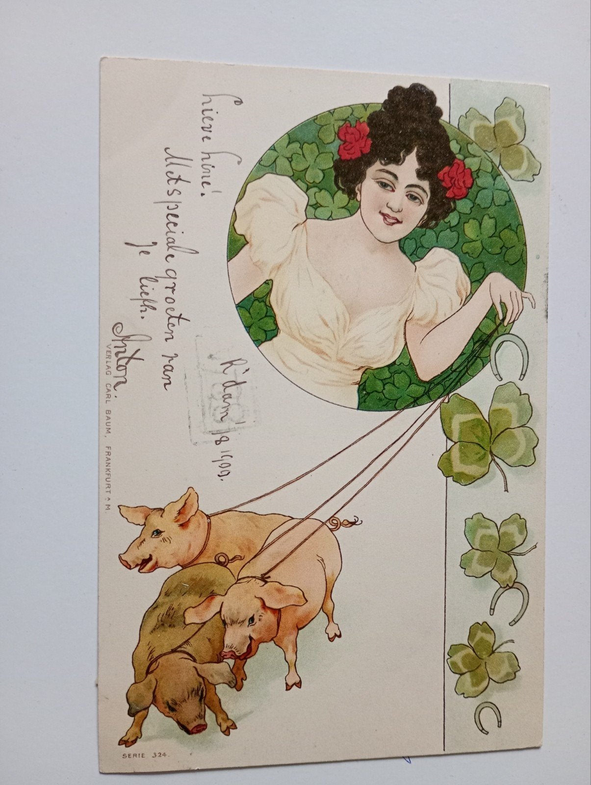 Fantasiekaart Jugendstilkaart met Varken 1900, Verzamelen, Ophalen of Verzenden, Voor 1920, Gelopen, Overige soorten