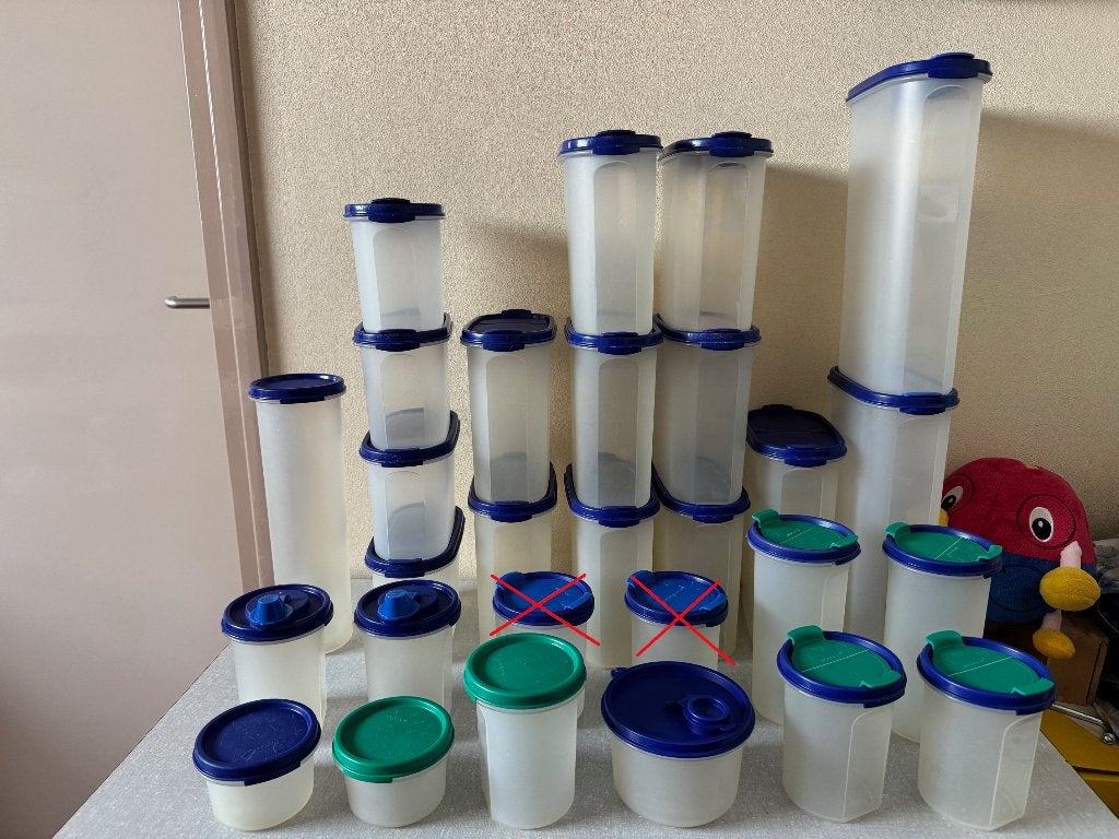 VEEL ruimtespaarders bakken van TUPPERWARE in BLAUW + GROEN, Ophalen of Verzenden, Zo goed als nieuw, Blauw, Bus of Trommel