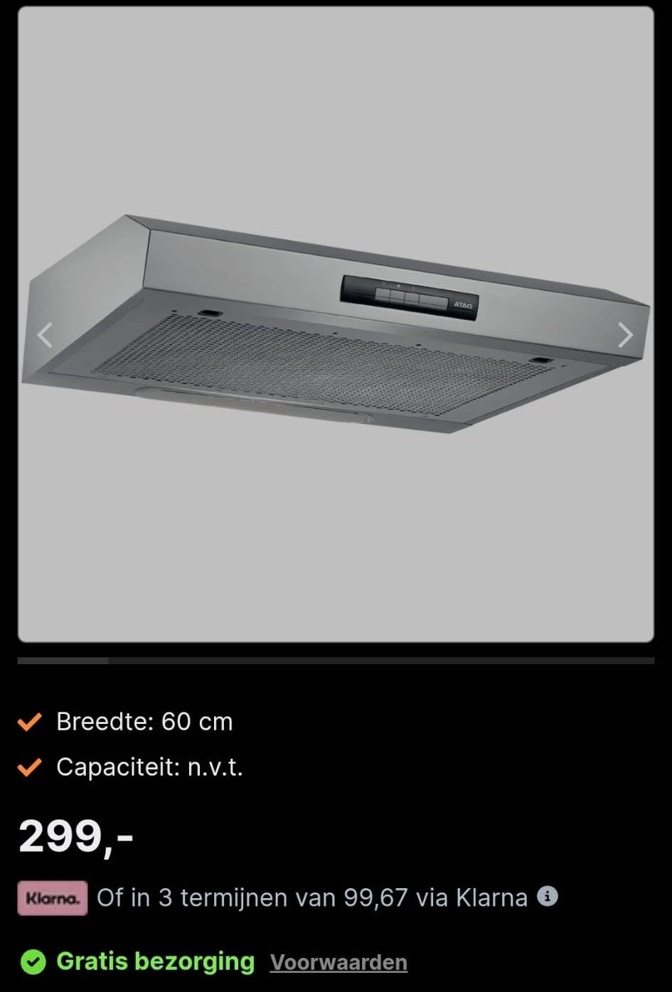 ATAG Afzuigkap 60 cm - Nieuwstaat, Witgoed en Apparatuur, Afzuigkappen, Minder dan 200 m³ per uur, Onderbouw afzuigkap, Ophalen of Verzenden