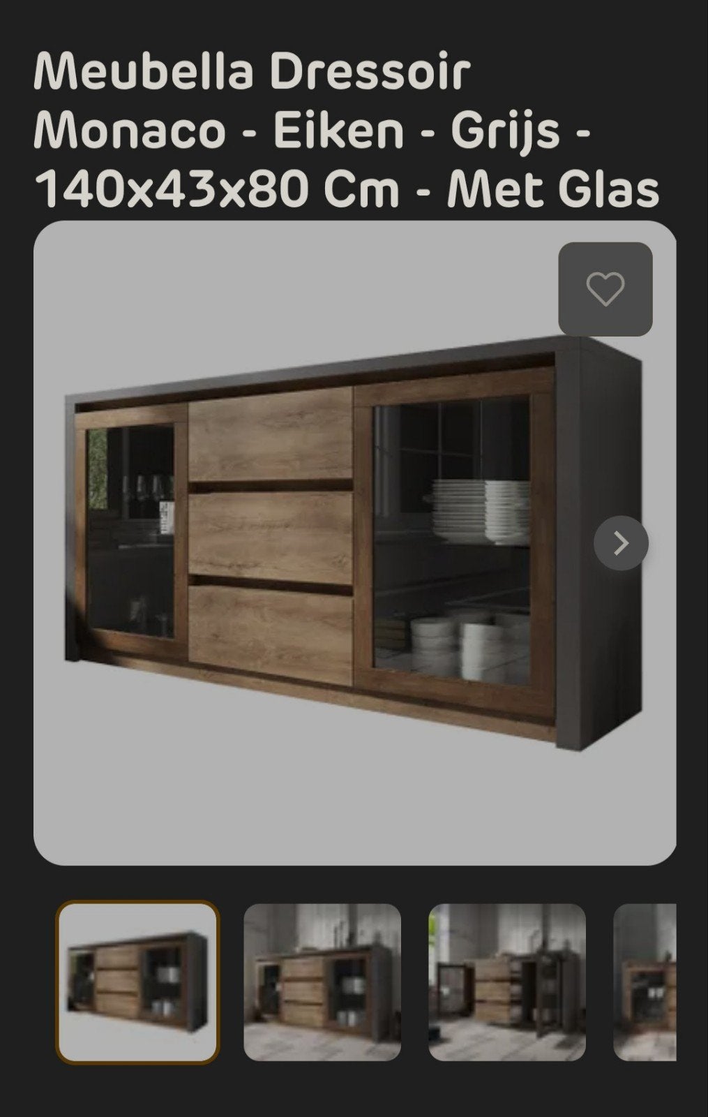 Meubella Dressoir Monaco Eiken Grijs 140x43x80 cm met glas, Huis en Inrichting, Kasten | Dressoirs, Ophalen, Glas, Modern, industrieel