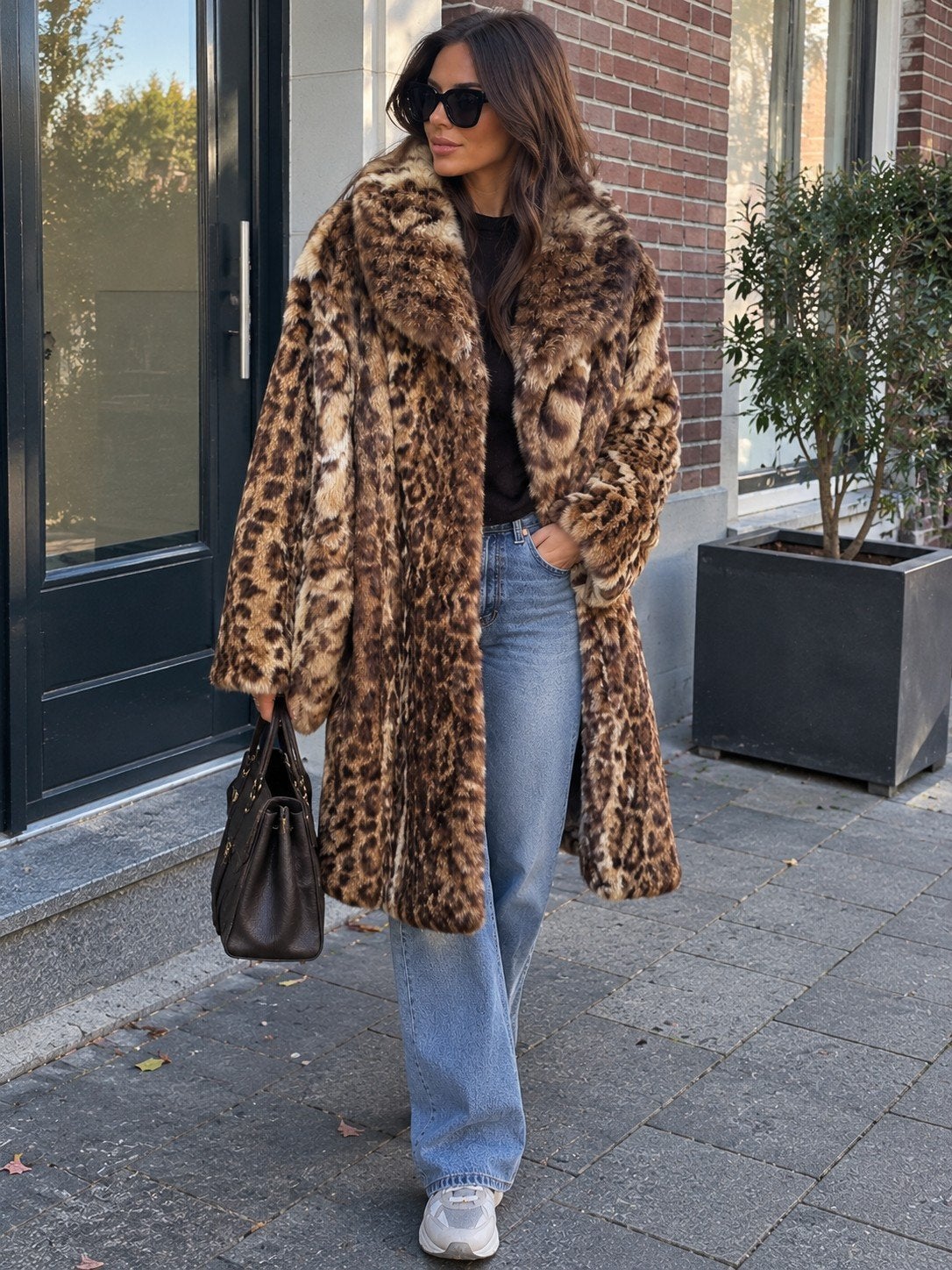 Vintage bontjas luipaardprint – Echt konijnenbont – L/XL, Kleding | Dames, Ophalen of Verzenden, Zo goed als nieuw, Bruin