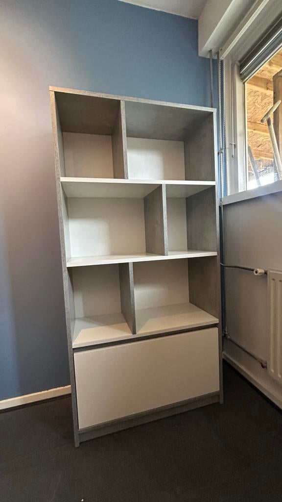 Boekenkast met vakken en lade - grijs/wit, Ophalen, Overige materialen, 50 tot 100 cm, Zo goed als nieuw