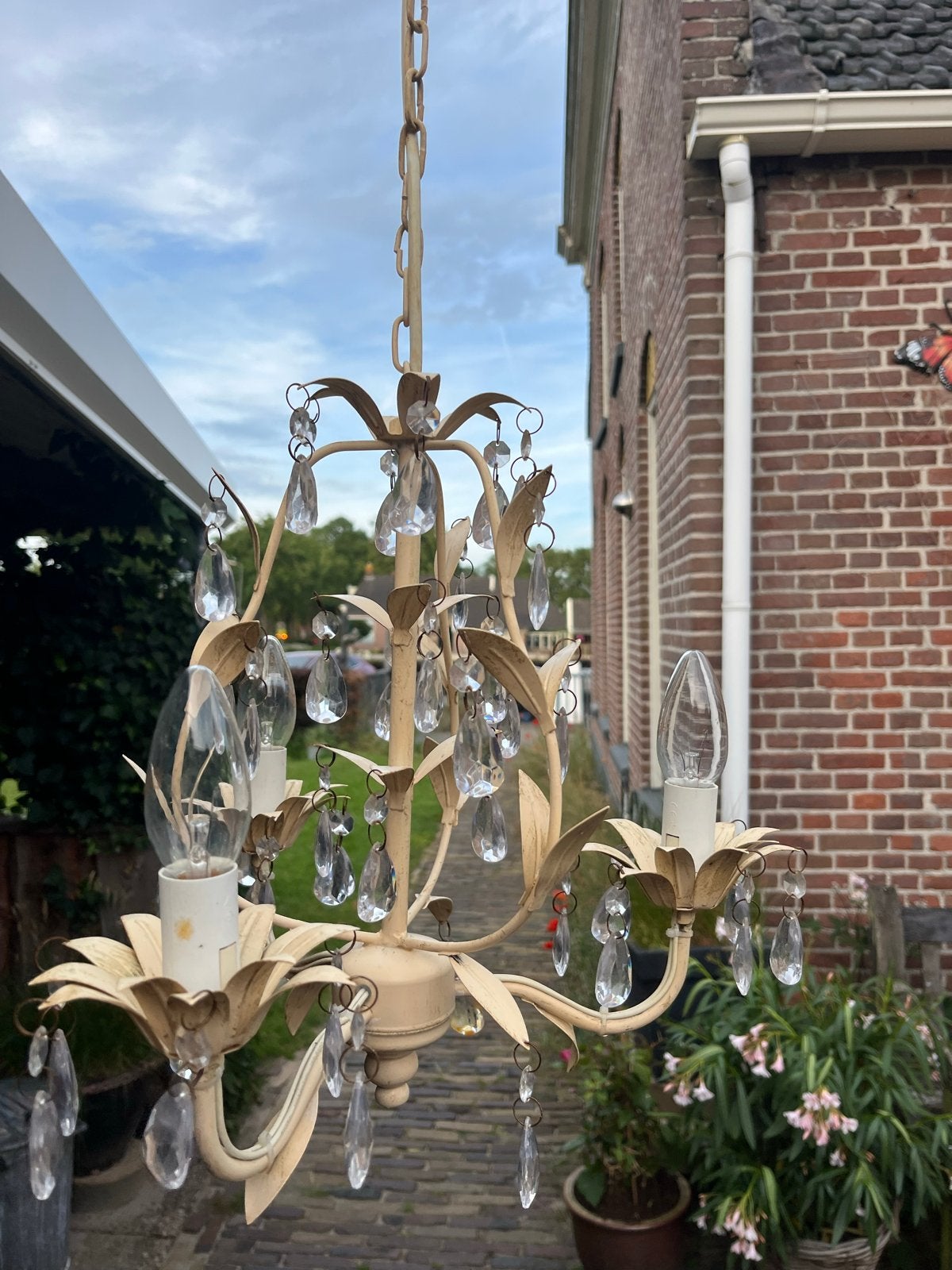 Brocante Kroonluchter met Kristallen - Crème Kleur, Ophalen