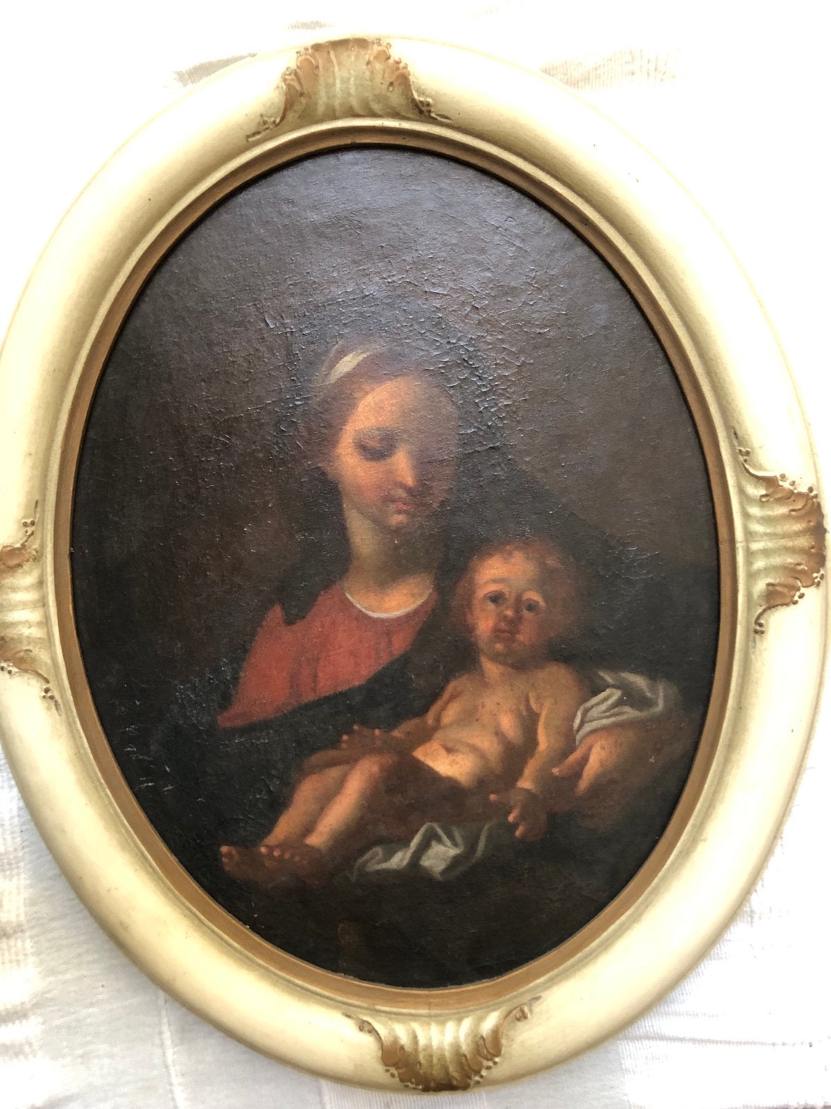 Oud schilderij Maria met kind, ovaal, ca. 40x55cm, Doek, Portret of Personen, Ophalen of Verzenden, Olieverf