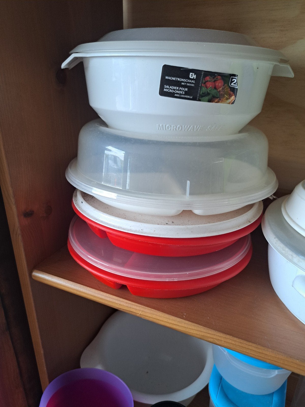 Magnetronschalen met deksel - Wit/Rood, Gebruikt, Schaal, Wit, Met deksel