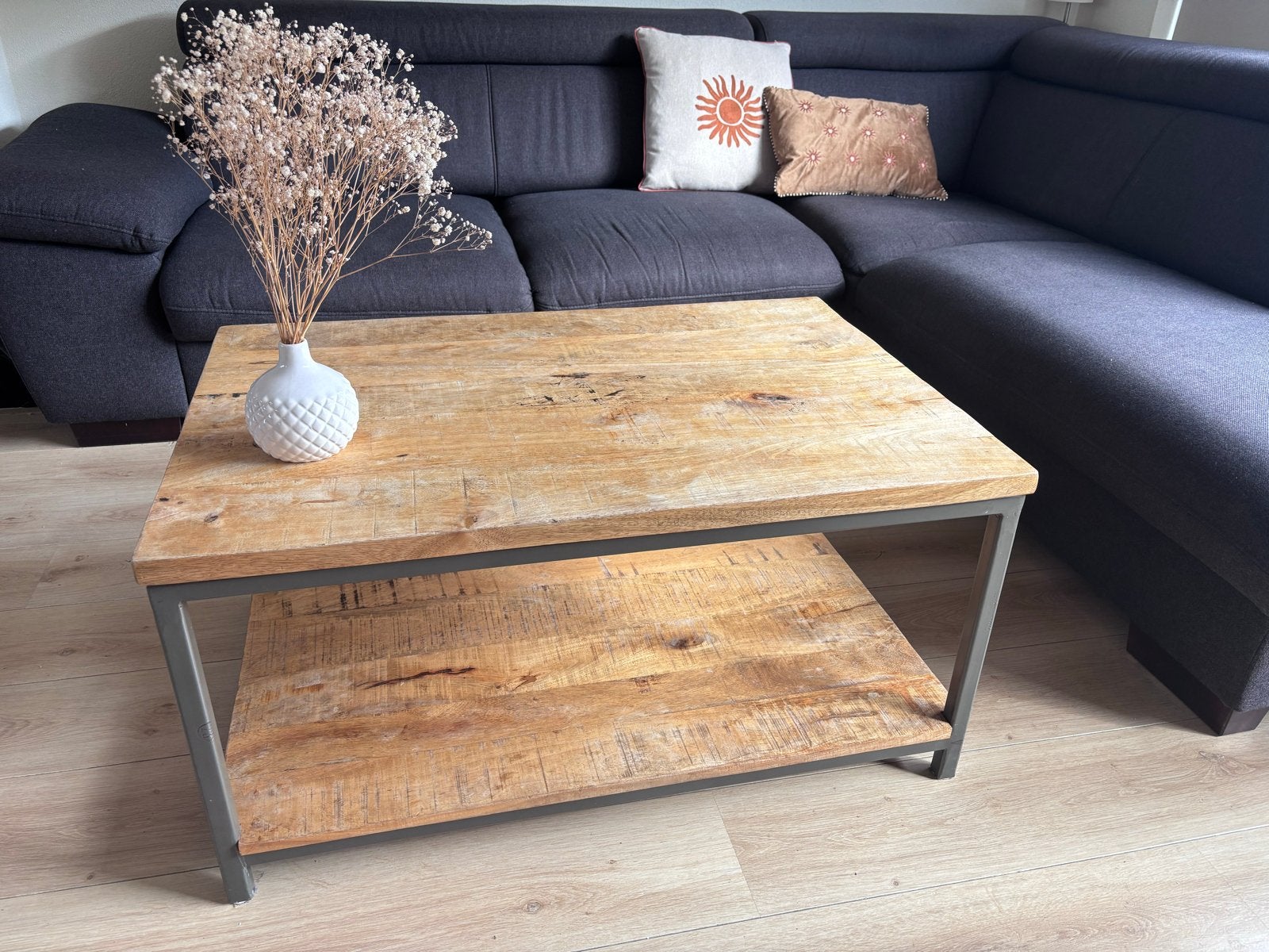 Salontafel mangohout met metalen frame, Ophalen, Vierkant, 50 tot 100 cm, Zo goed als nieuw
