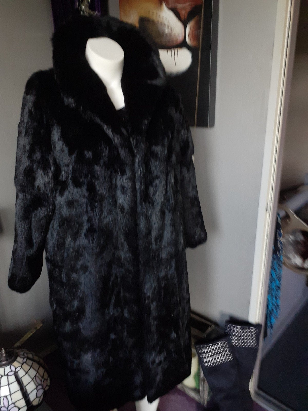 lange gitzwarte echte bontjas bont jas bontmantel  XL, Kleding | Dames, Jassen | Winter, Ophalen of Verzenden, Zo goed als nieuw