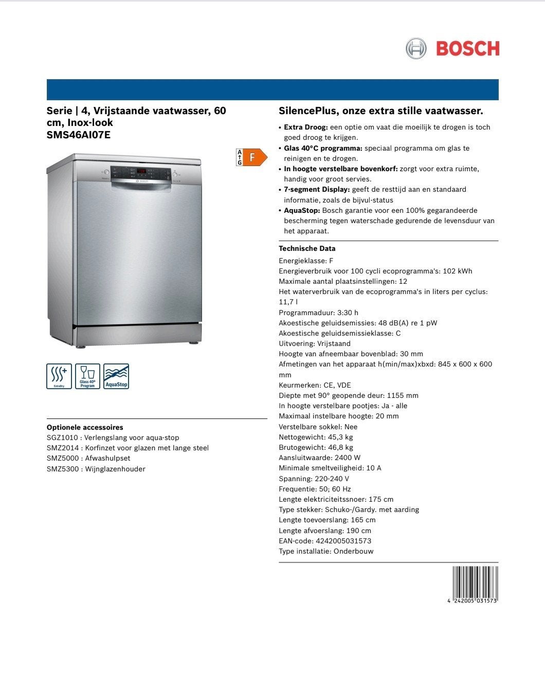 Bosch Serie 4 SMS46AI07E vaatwasser - RVS, zeer nette staat, Ophalen of Verzenden, Zo goed als nieuw, Vrijstaand, 85 tot 90 cm