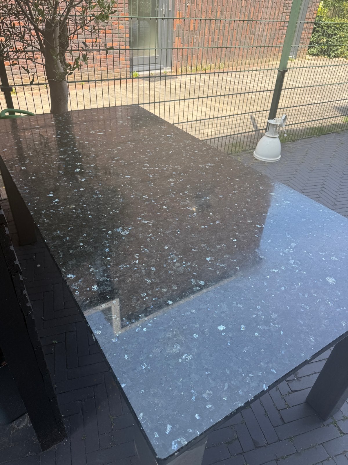 Mooie marmer/granieten eettafel zwart RVS onderstel 90x180, Ophalen, Gebruikt, 50 tot 100 cm, Modern