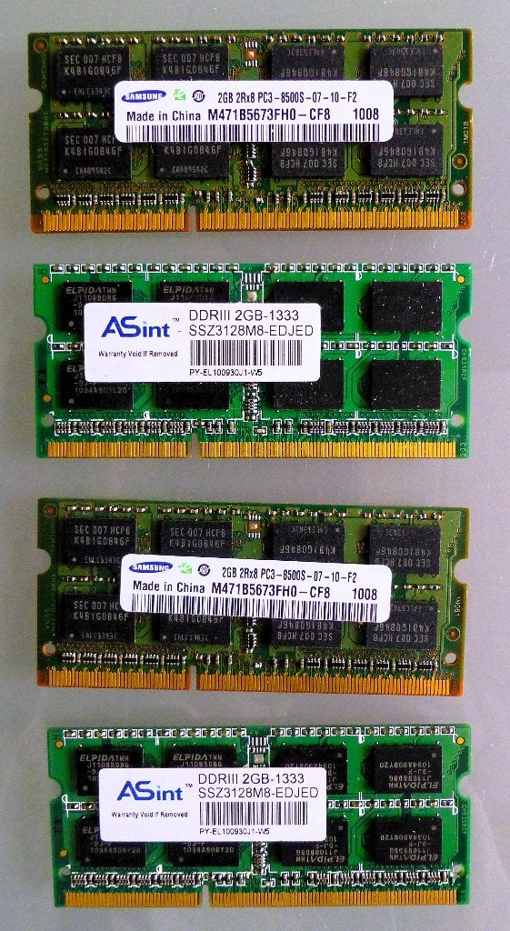 Laptop geheugen kaartjes 4 x 2GB (Samsung 2x en Asint 2x), Computers en Software, Ophalen, Gebruikt, DDR3, 2 GB