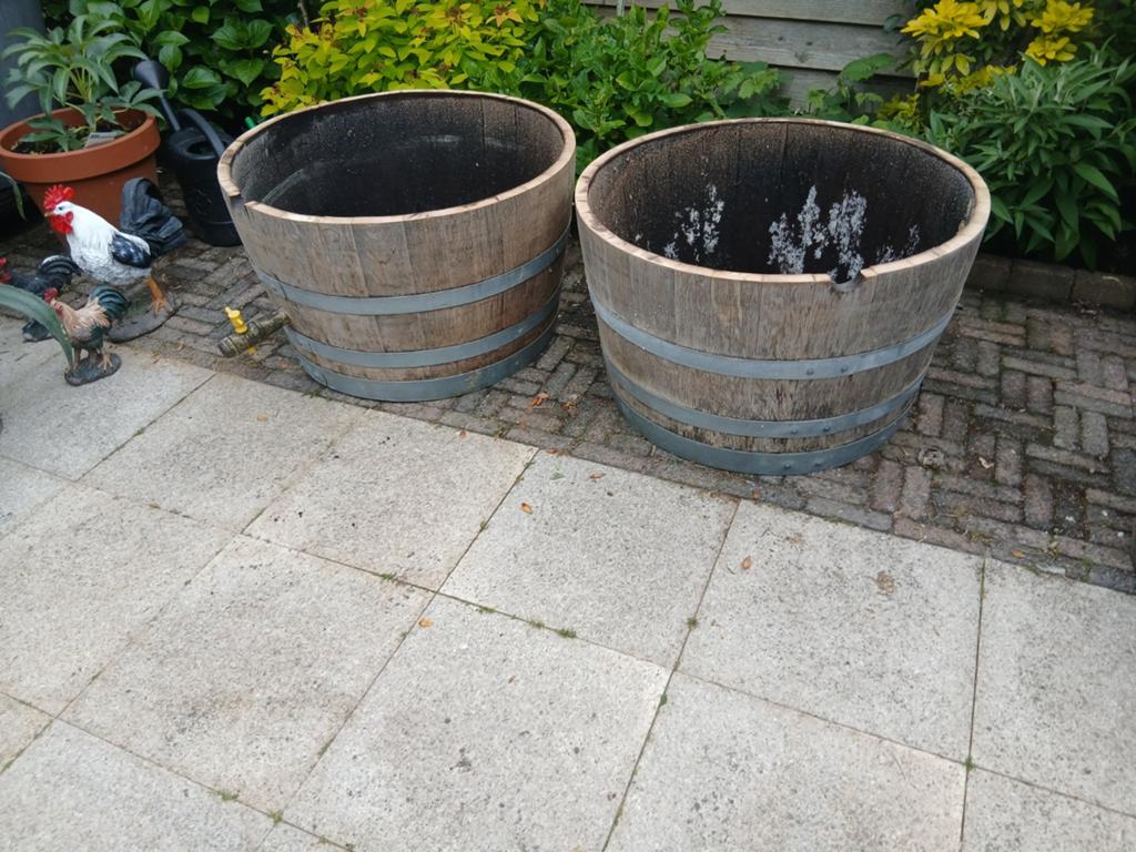 Regenton plantenbakken van kastanjehout 40 euro per stuk, Tuin en Terras, Regentonnen, Ophalen, Gebruikt, Met kraantje, 150 liter of meer