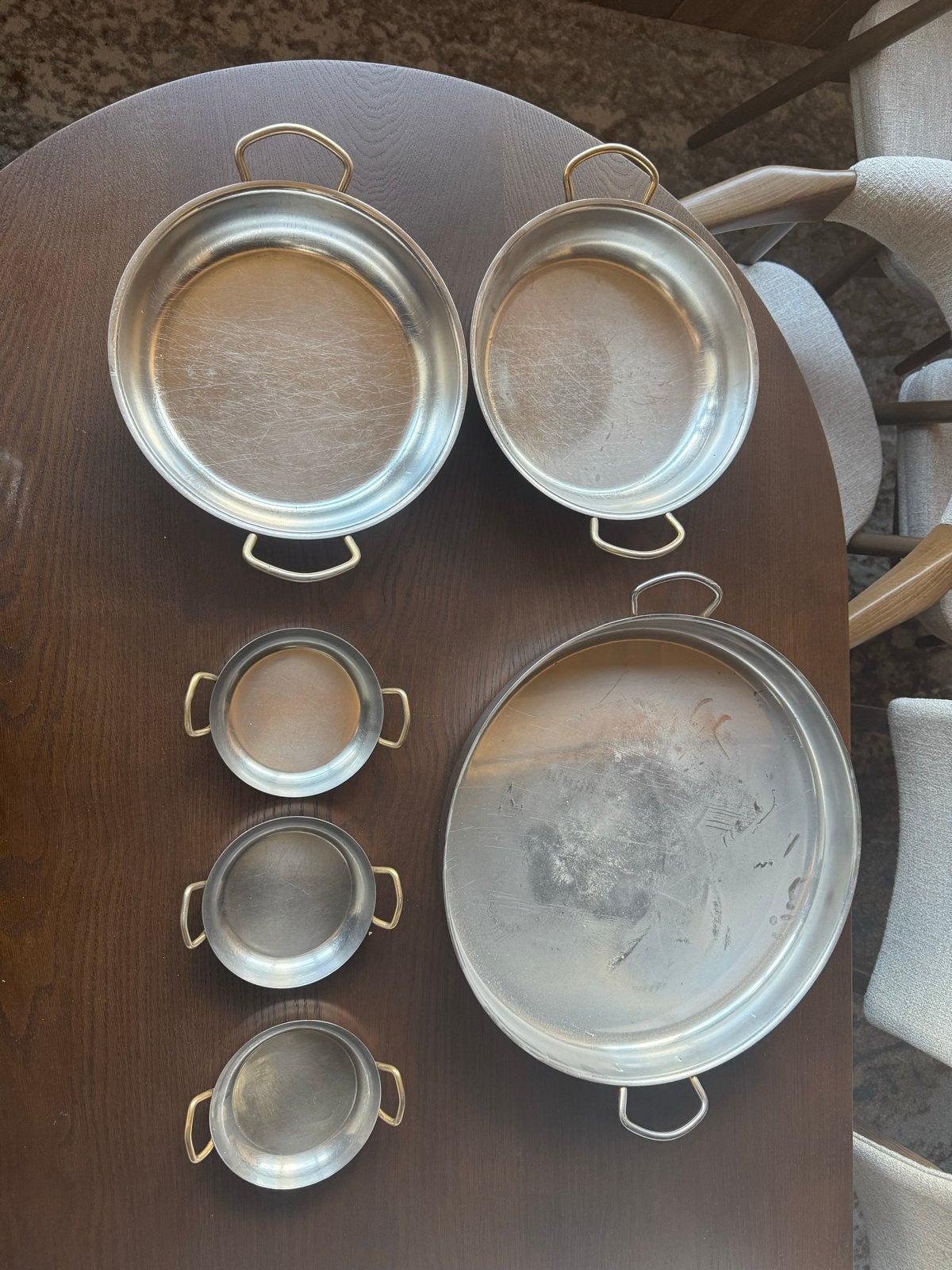 Set van 6 RVS Pannen - Diverse Maten, Gebruikt, Met handvatten, Pannenset, Ophalen of Verzenden