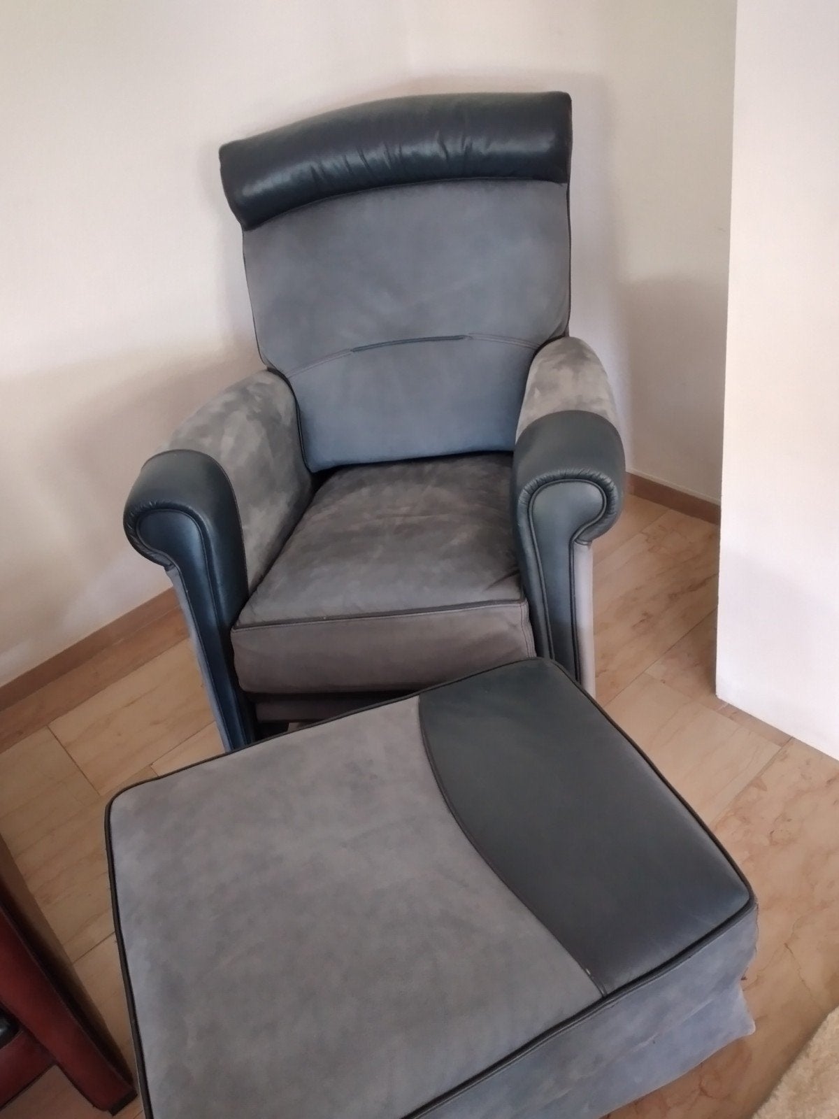 Mol en Geurts Fauteuils + Voetenbank - Blauw Leer/Nubuck, 75 tot 100 cm, Ophalen of Verzenden, Zo goed als nieuw, Leer