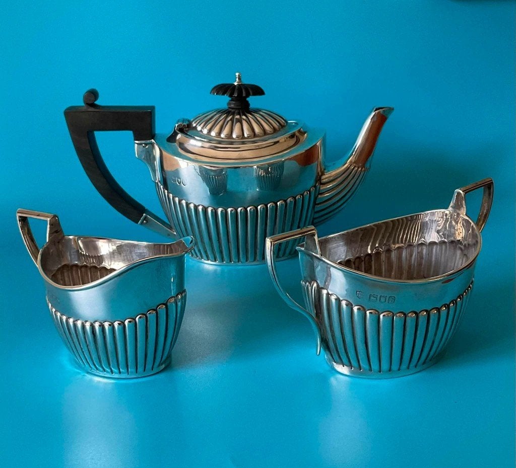 Antiek Zilveren Theeservies - Theepot, Melkkan, Suikerpot, Ophalen, Zilver