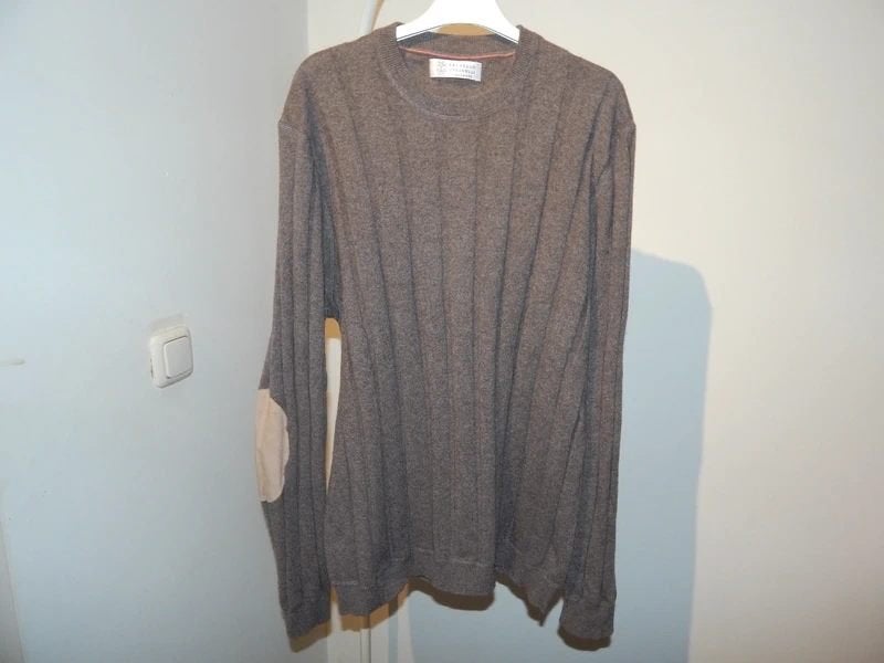 Brunello Cucinelli cashmere trui leren armlappen IT 56, Bruin, Verzenden, Overige maten, Brunello Cucinelli
