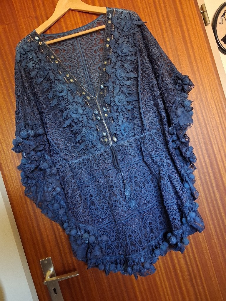damesblouse blauw kant exclusief m 42-44 half lang, Blauw, Onbekend., Maat 42/44 (L), Nieuw