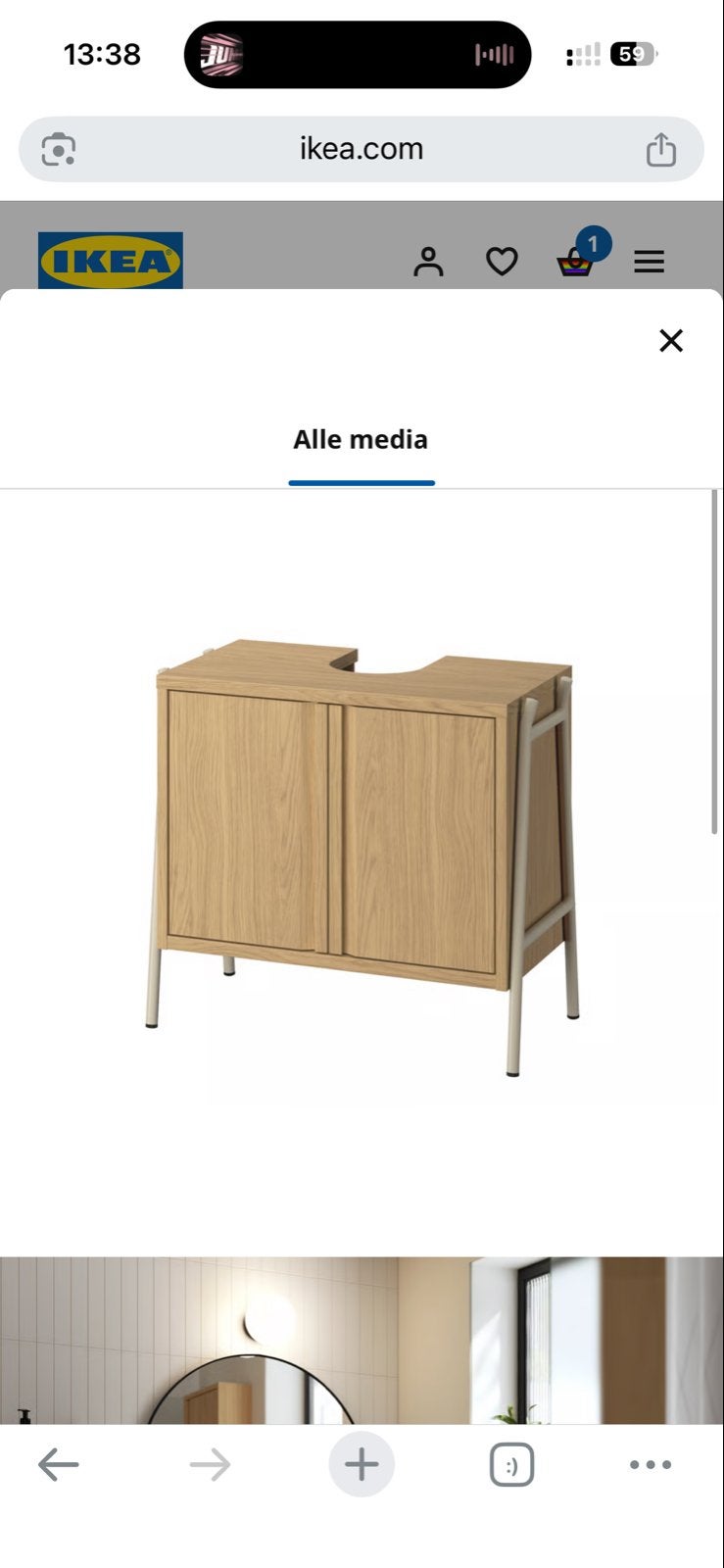 BYASJÖN Wastafelonderkast met 2 deuren, eikeneffect, Huis en Inrichting, Badkamer | Badkamermeubels, Ophalen, 50 tot 100 cm, Zo goed als nieuw