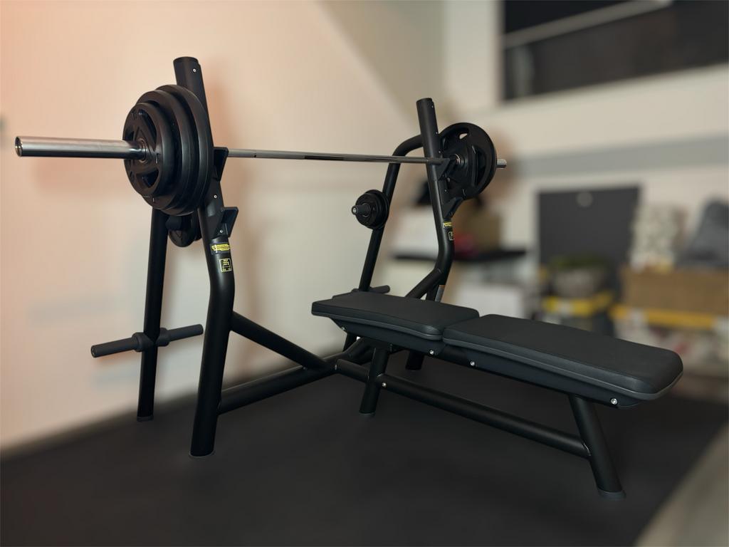 Technogym fitnessbank met gewichten en stang, Ophalen, Zo goed als nieuw, Armen, Fitnessbank