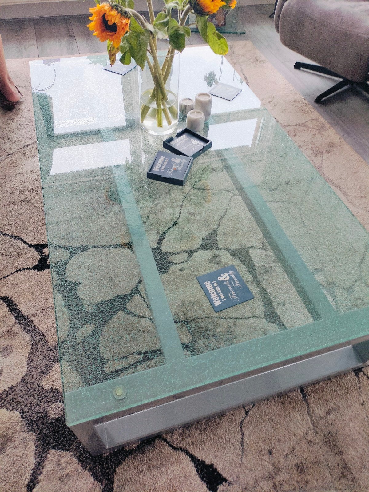 Glazen salontafel met craquelé glas, Ophalen, Gebruikt, Modern, Craquelé, 50 tot 100 cm