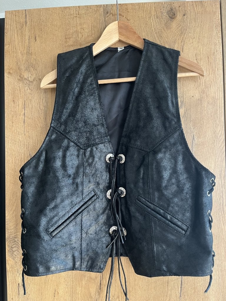 VINTAGE leren western gilet maat M echt leer franjes UNISEX, Kleding | Heren, Zwart, Vintage, Zo goed als nieuw, Verzenden