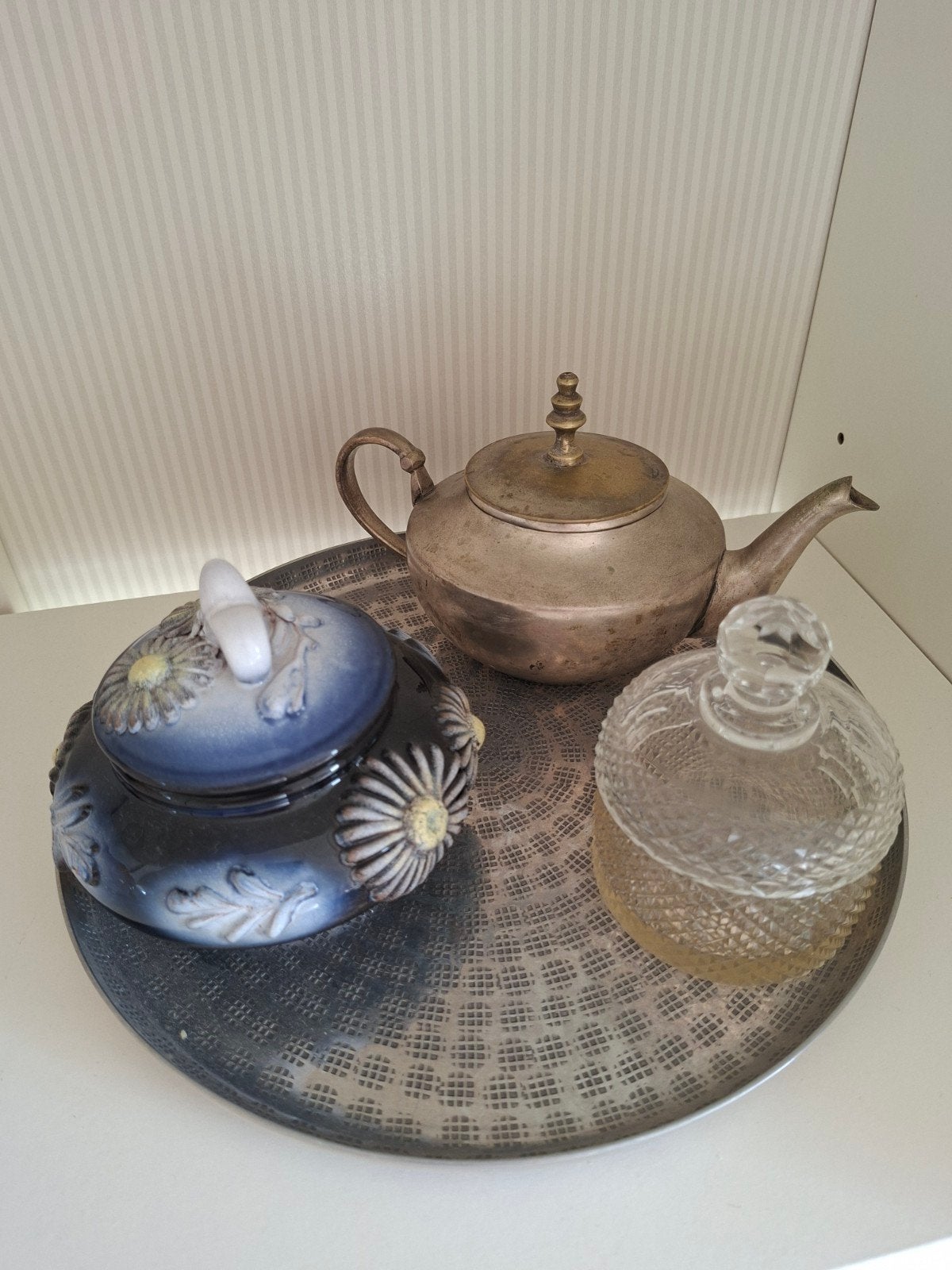 Vintage theepot, suikerpot en glazen pot op dienblad, Ophalen of Verzenden