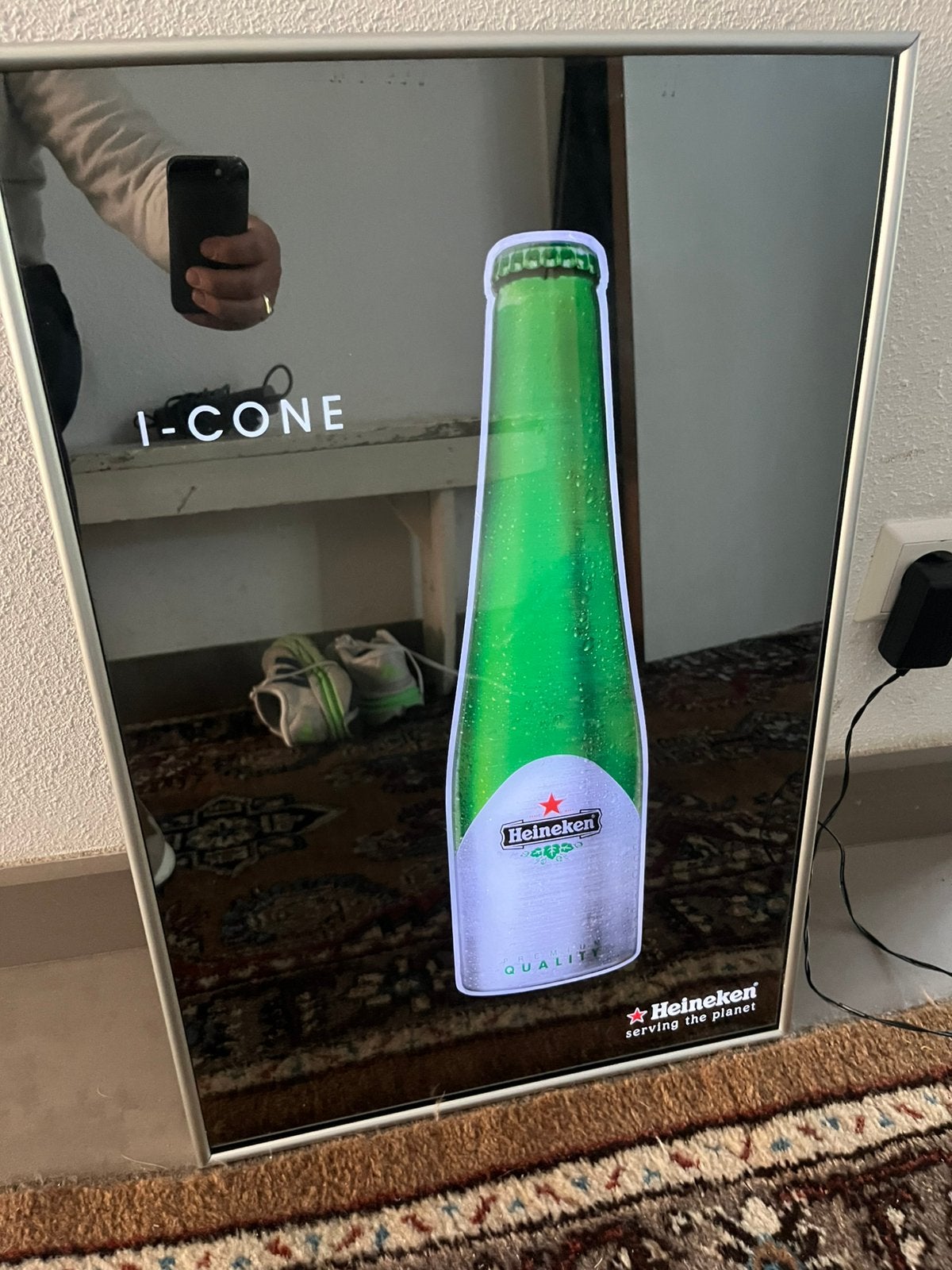 Heineken I-Cone verlichte spiegel/lichtreclame /reclamebord, Verzamelen, Ophalen of Verzenden, Zo goed als nieuw, Reclamebord, Plaat of Schild