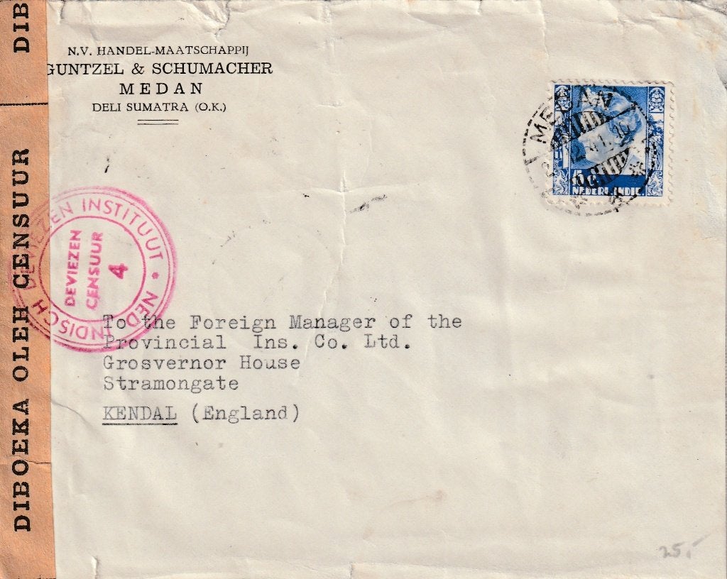Ned. Indië envelop 1941 Medan Geopend door Censuur, Postzegels en Munten, Brieven en Enveloppen | Buitenland, Ophalen of Verzenden