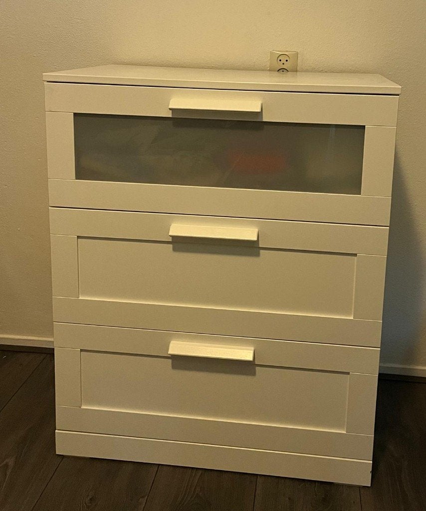 IKEA BRIMNES Ladekast 3 Lades, Huis en Inrichting, Kasten | Ladekasten, Ophalen, Wit/frosted glas, Gebruikt, 50 tot 100 cm