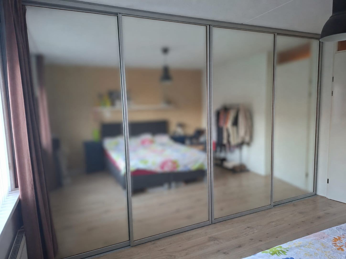 Spiegel schuifdeuren met rails, kast, Ophalen, Zo goed als nieuw, 200 cm of meer