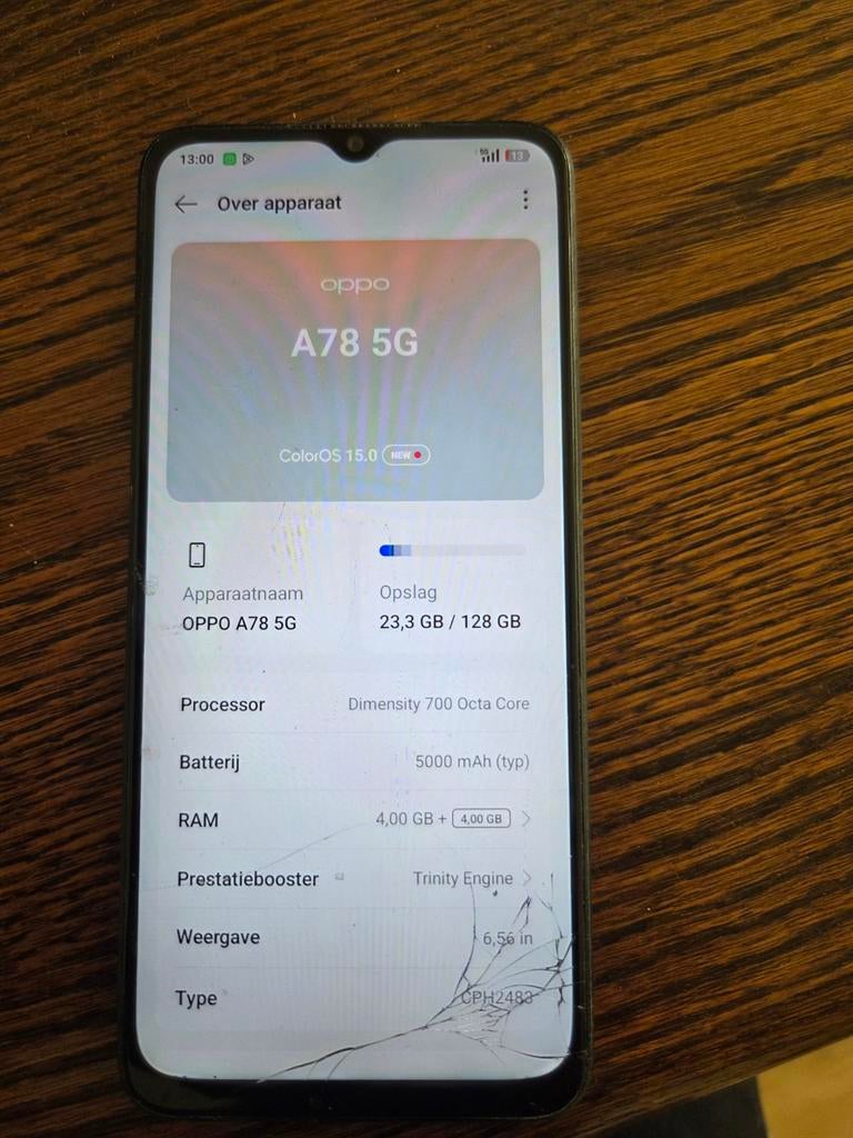 Oppo A78 5G - Werkt perfect, barst in scherm, Gebruikt, Overige modellen, Ophalen of Verzenden, Zonder simlock