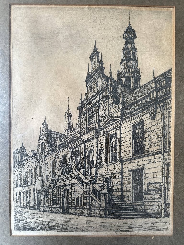 Antieke ets Marius Janssen, Ingelijst, Ets, Stadsgezicht, Ophalen of Verzenden