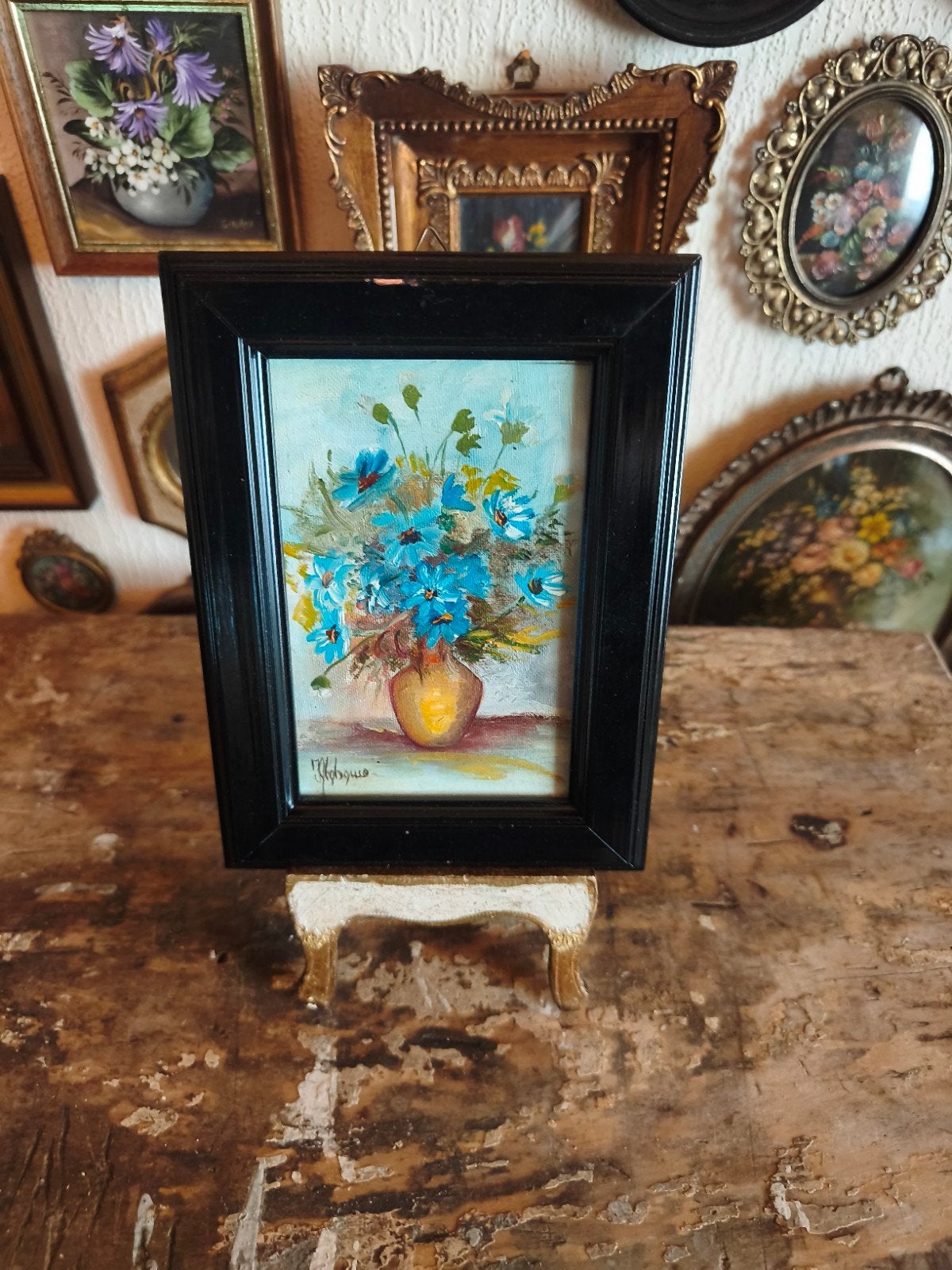 oud schilderijtje schilderij lijst stilleven bloemen M85, Antiek en Kunst, Ophalen of Verzenden
