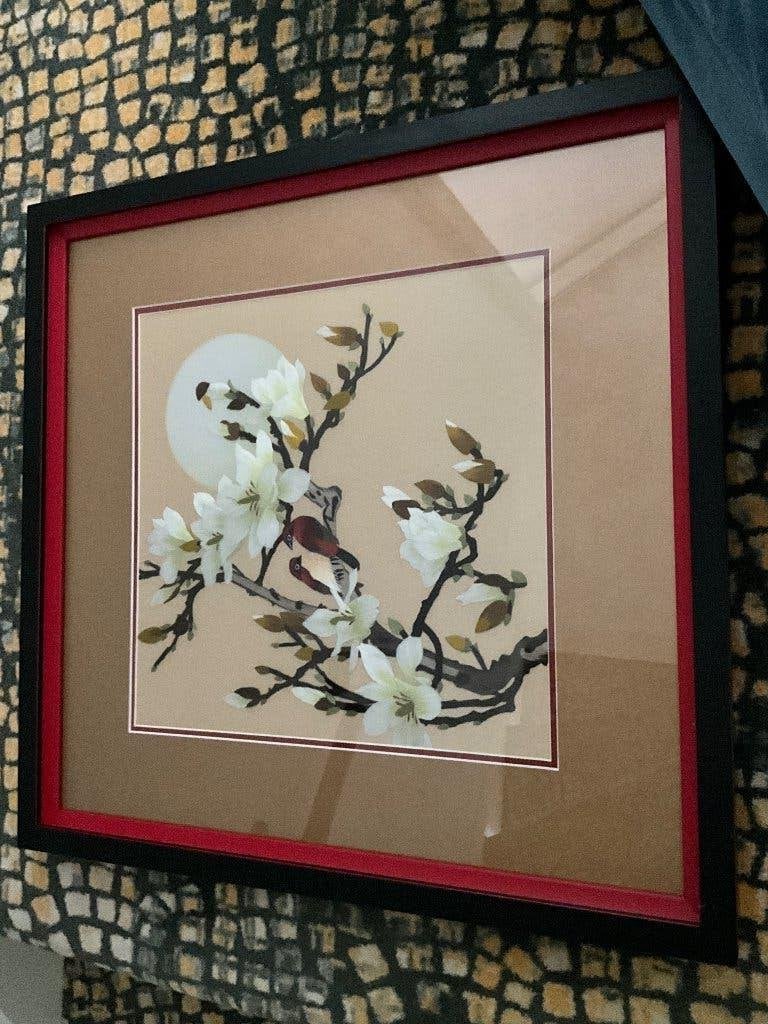 Schilderij met afbeelding van vogels en bloemen., Overige stijlen, Overige ondergronden, Ophalen, Bloemen