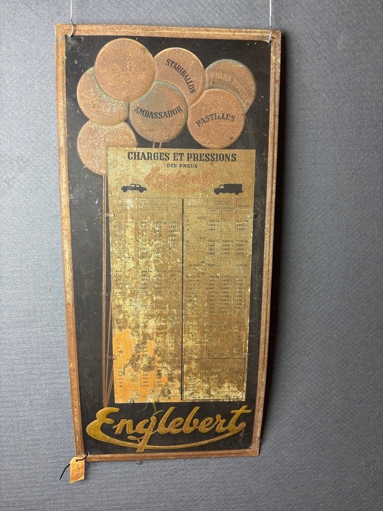 Englebert bandenspanning tabel blik 74 x 34 cm, Reclamebord, Gebruikt, ., Ophalen of Verzenden