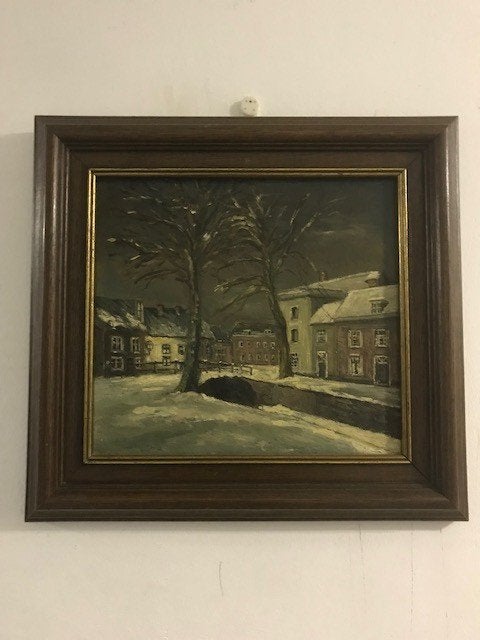 Schilderij 'Winters stadgezicht' ....Delft (?), Paneel, Nederlandse school, Ophalen of Verzenden, Olieverf