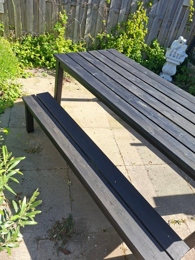 tuintafel met 2 bankjes, Ophalen of Verzenden, Gebruikt, Rechthoekig, Hout