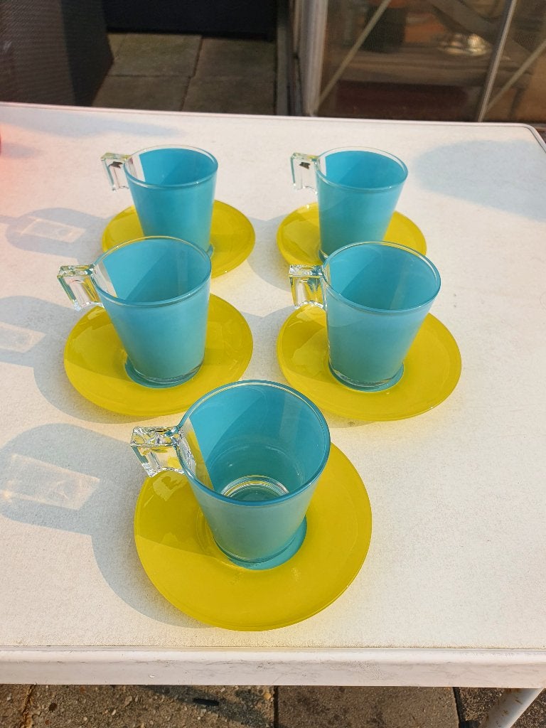 Retro Luminarc kopjes set turquoise geel, Ophalen of Verzenden, Zo goed als nieuw, Overige typen