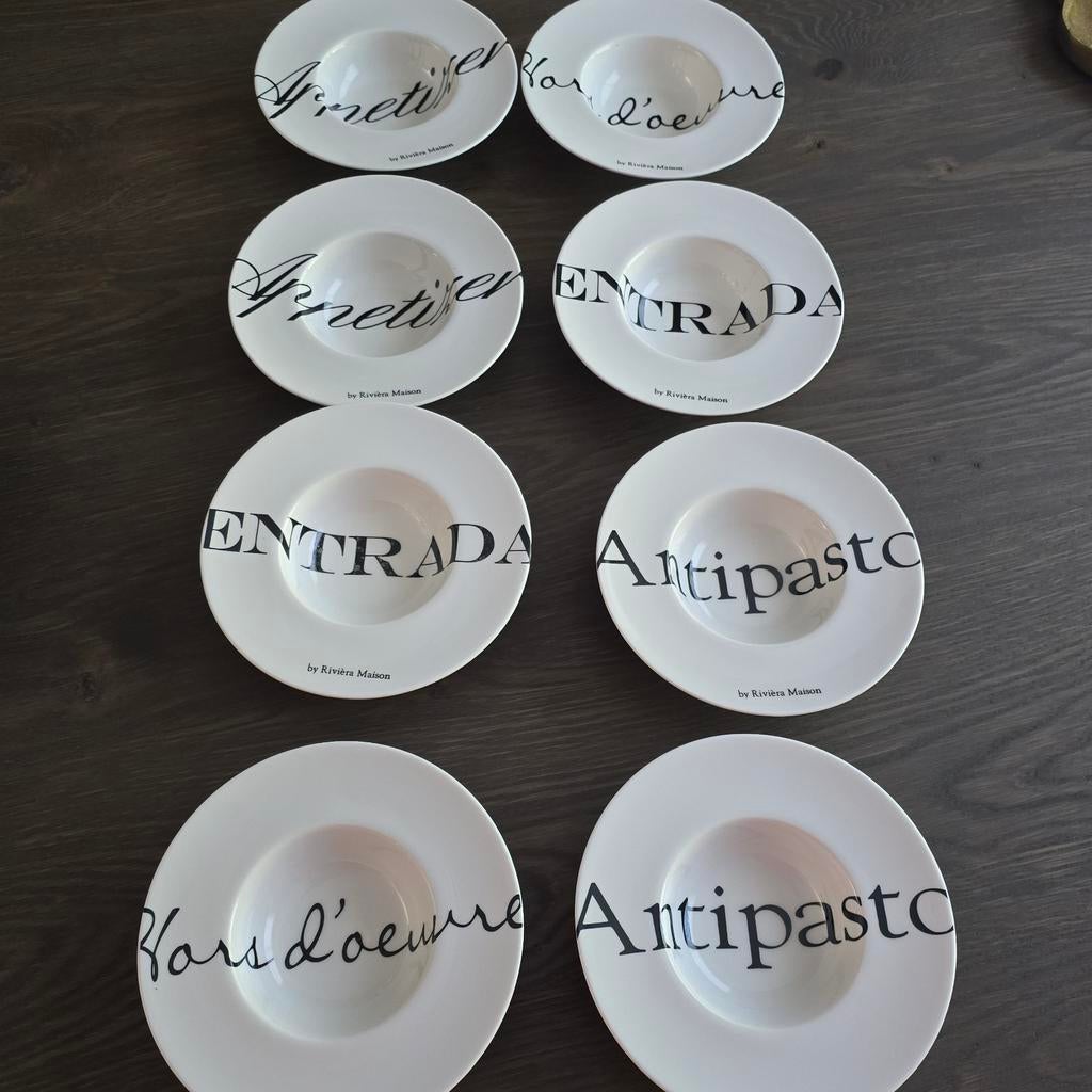 Riviera Maison Antipasta/Tapas Bordjes - Set van 8, Huis en Inrichting, Keramiek, Ophalen of Verzenden, Zo goed als nieuw, Bord(en)