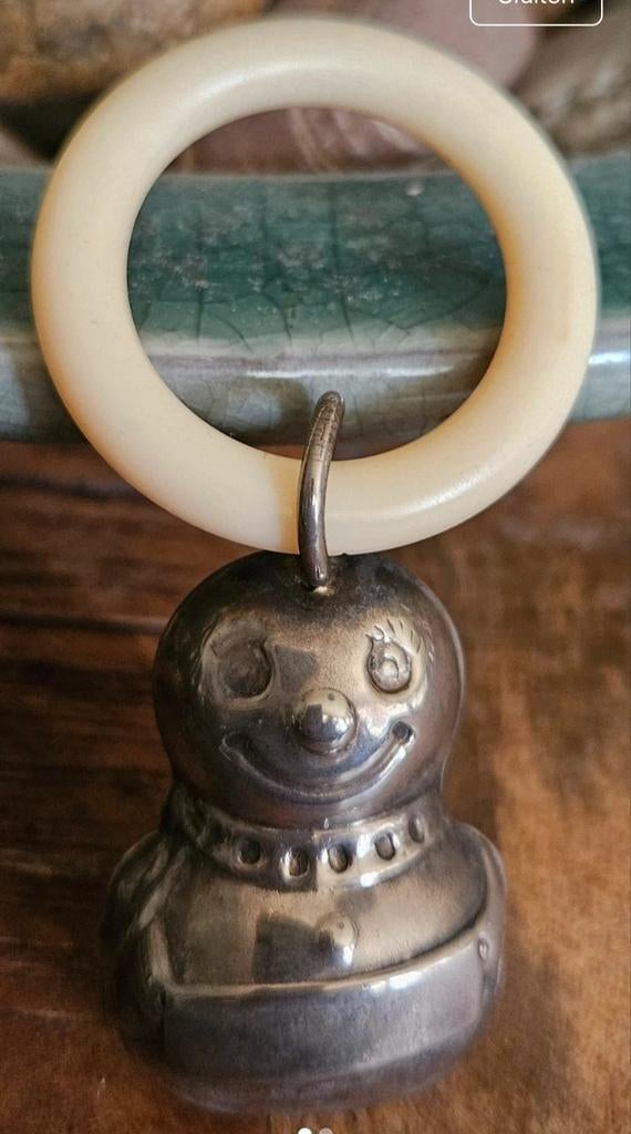 Vintage zilveren rammelaar met ivoren ring, Ophalen of Verzenden, Gebruikt, Rammelaar, Met geluid