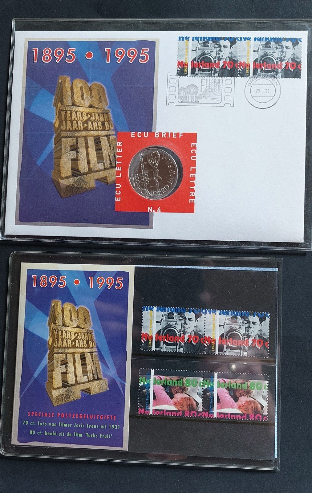 Ecu brief 4 met postzegelmapje 100 jaar film, Ophalen of Verzenden, Na 1940, Gestempeld