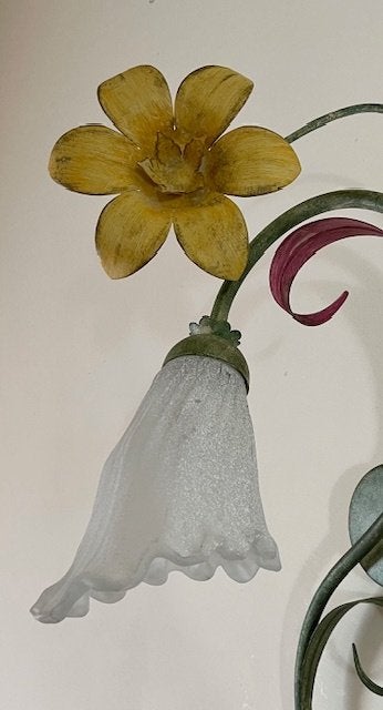 Vintage Franse fleurige wandlamp met bloem, Huis en Inrichting, Gebruikt, E14 (klein), Ophalen of Verzenden, Glas