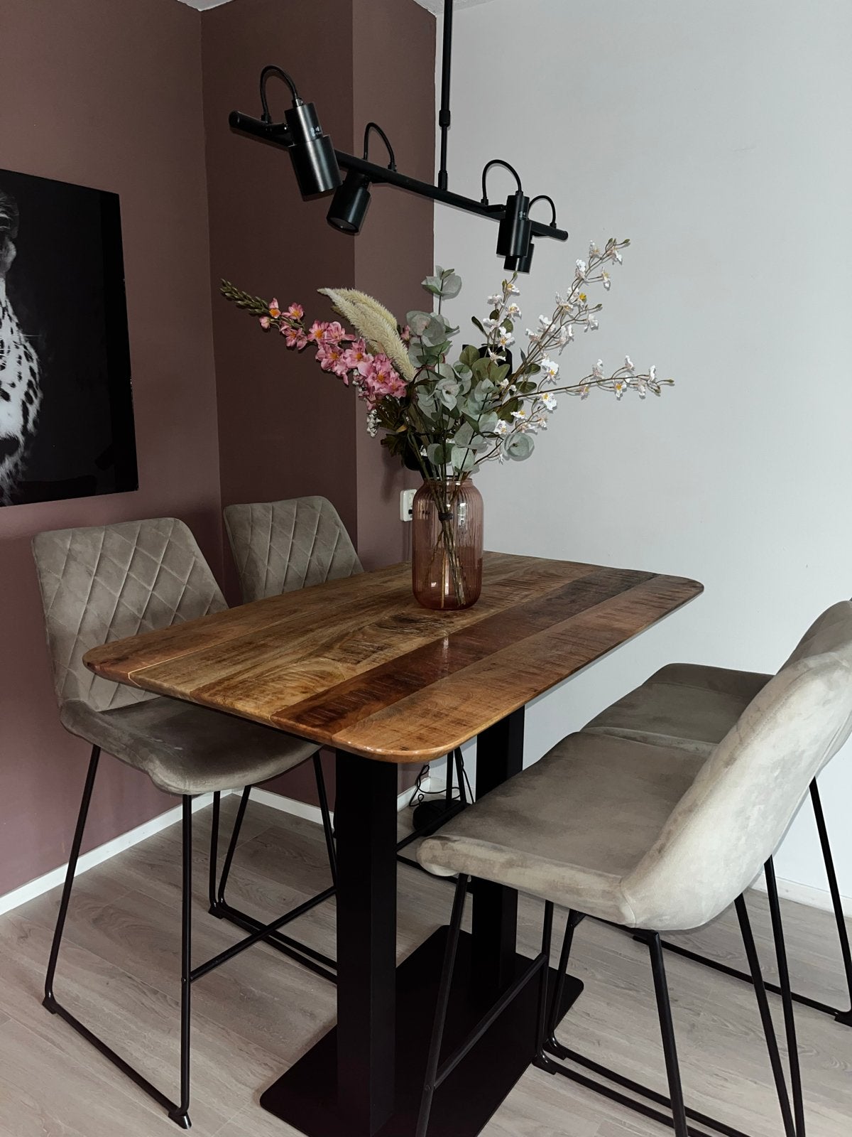 Mangohout Bartafel met 4 Stoelen, Ophalen, 100 tot 150 cm, 50 tot 100 cm, Zo goed als nieuw