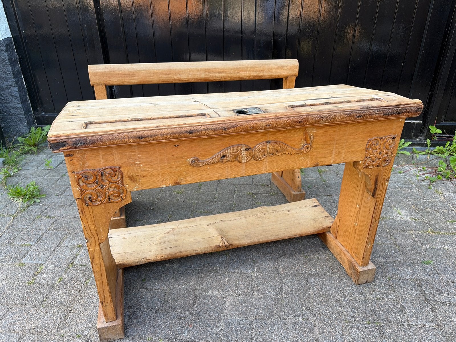 Antieke schoolbank met houtsnijwerk, Antiek en Kunst, Ophalen