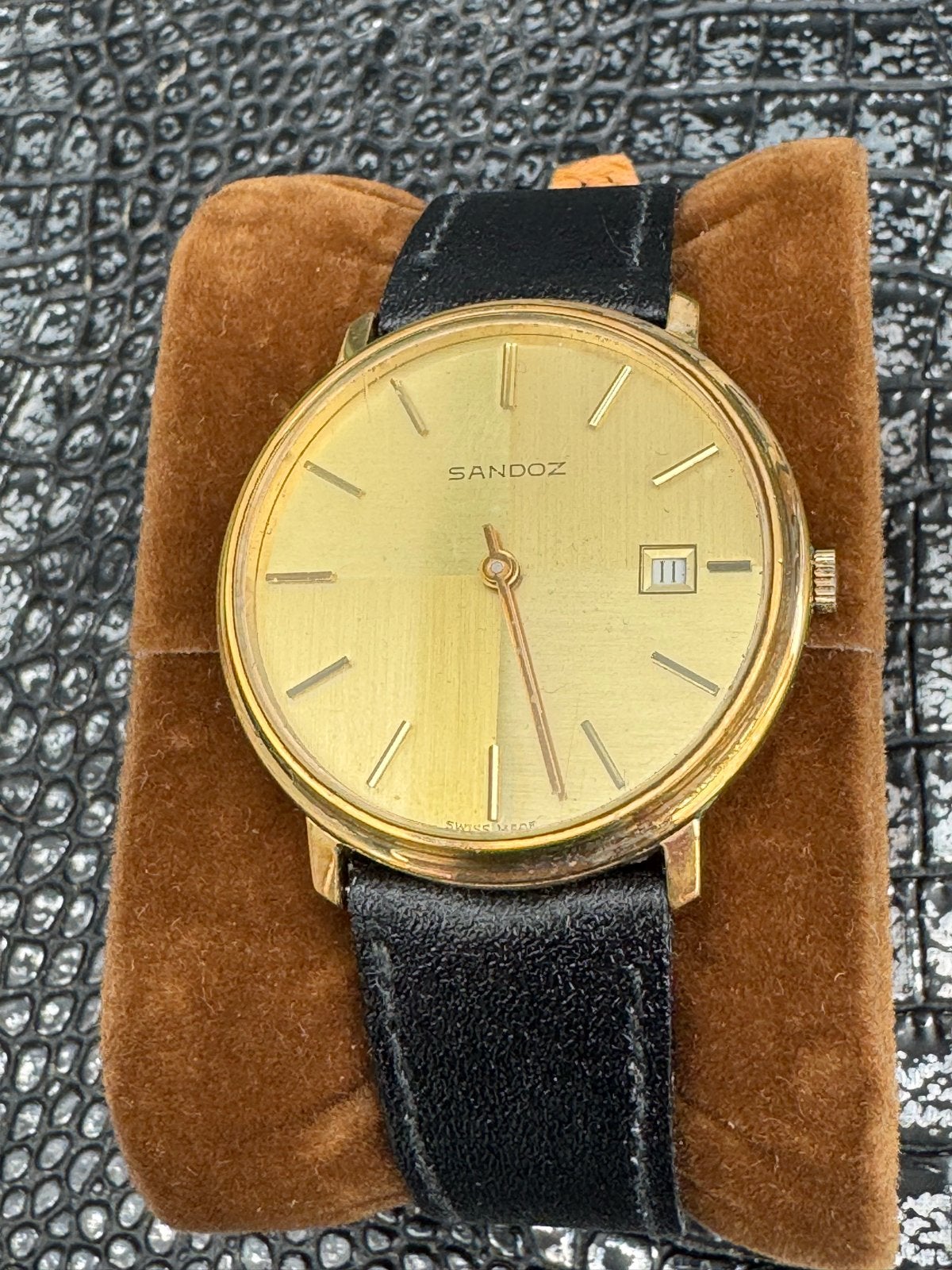 Vintage Sandoz Polshorloge - Verguld met Zwarte Band, Ophalen of Verzenden