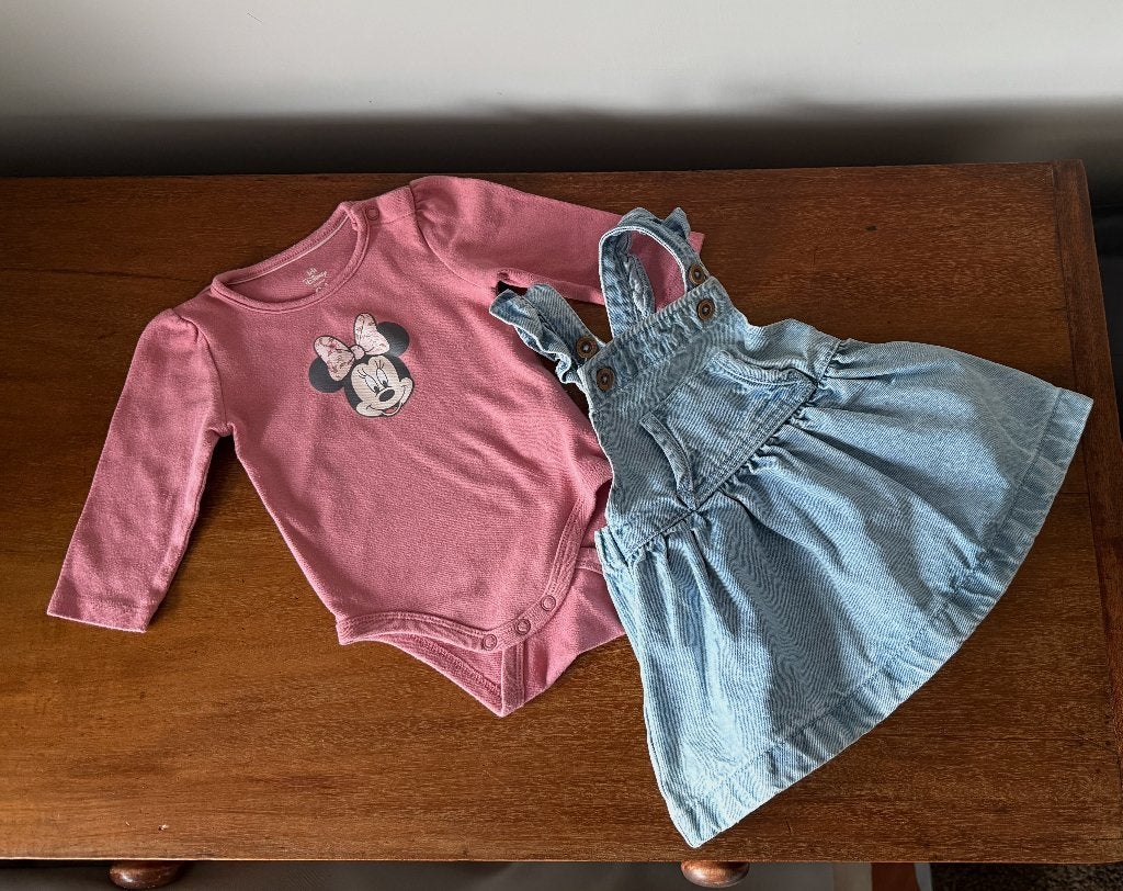 Jeans jurkje Hema met roze Minnie Mouse romper; maat 68, Hema & Disney, Meisje, Jurkje of Rokje, Ophalen of Verzenden